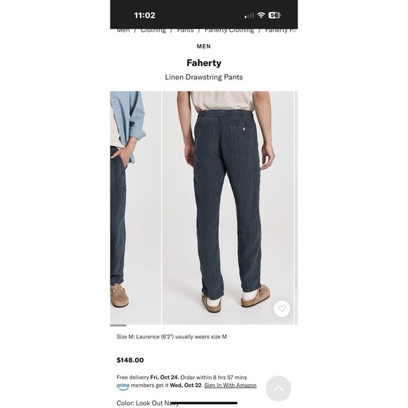 Faherty 100% Linen Drawstring Pants Men's Medium Blue 32x31 - Picture 3 of 7